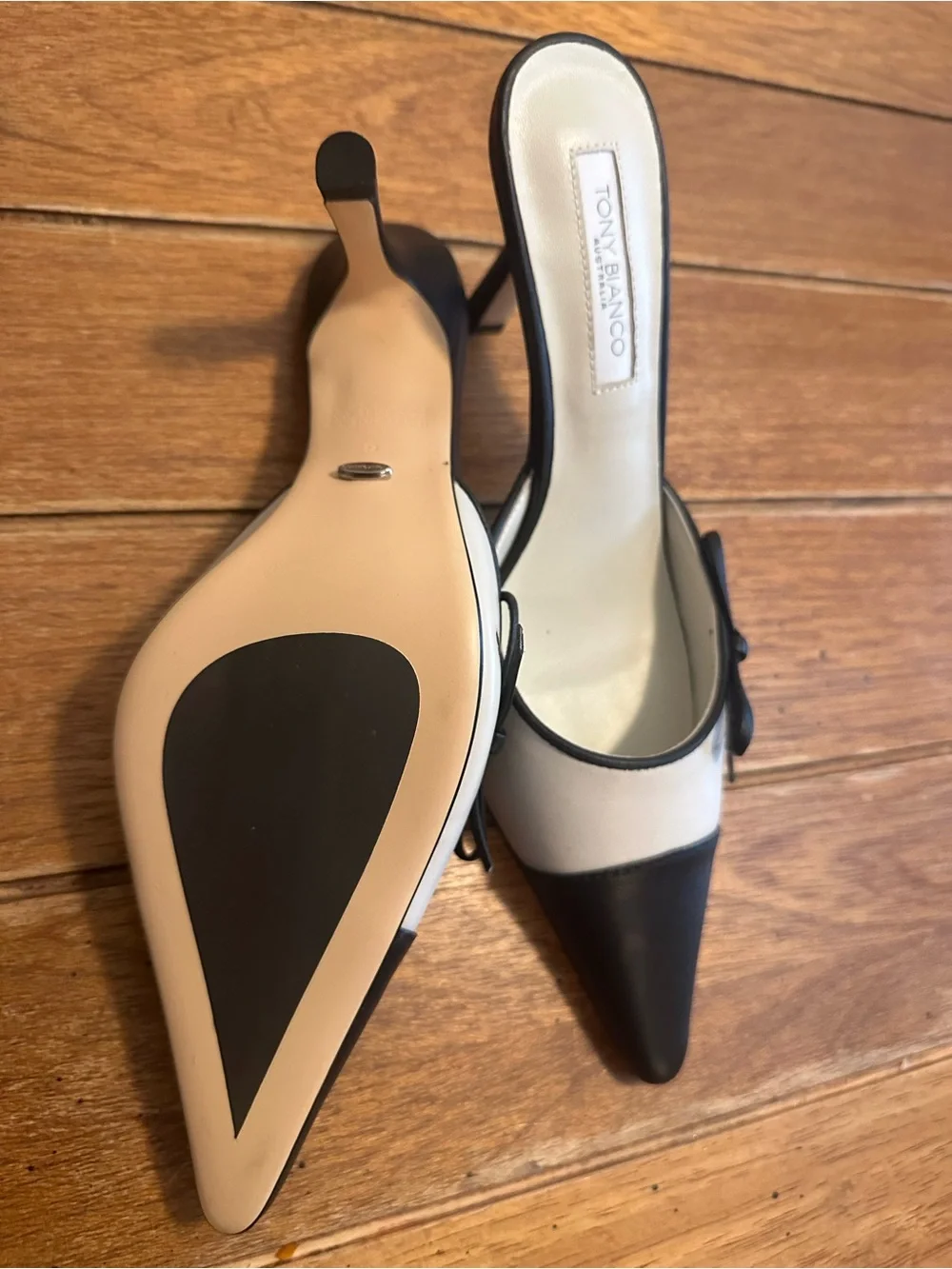 Tony Bianco Two-Tone Pointed Toe Mules in Black & Cream